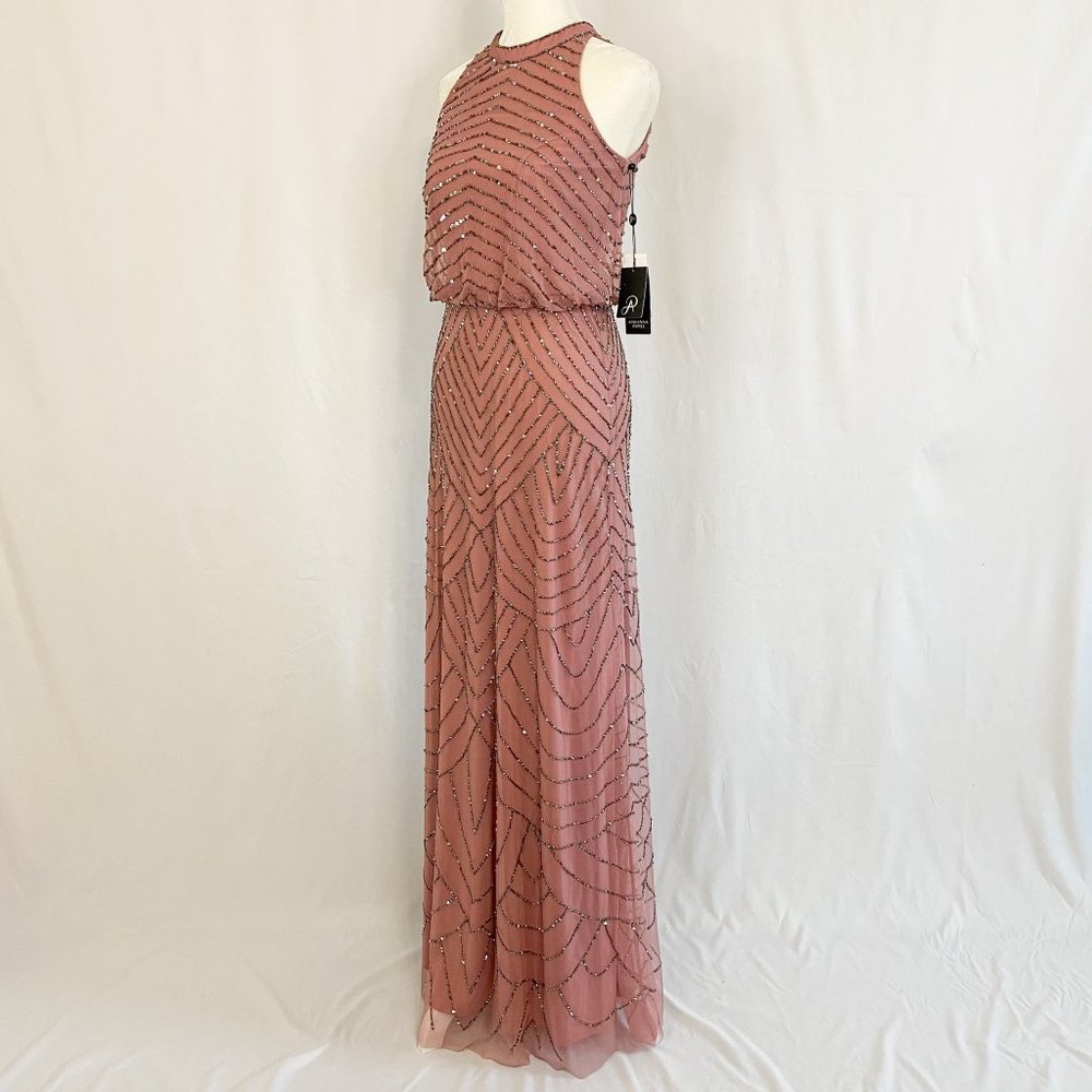 Adrianna Papell Art Deco Beaded Blouson Dress w/ Halter Neckline in Rose Mercury - Picture 13 of 14